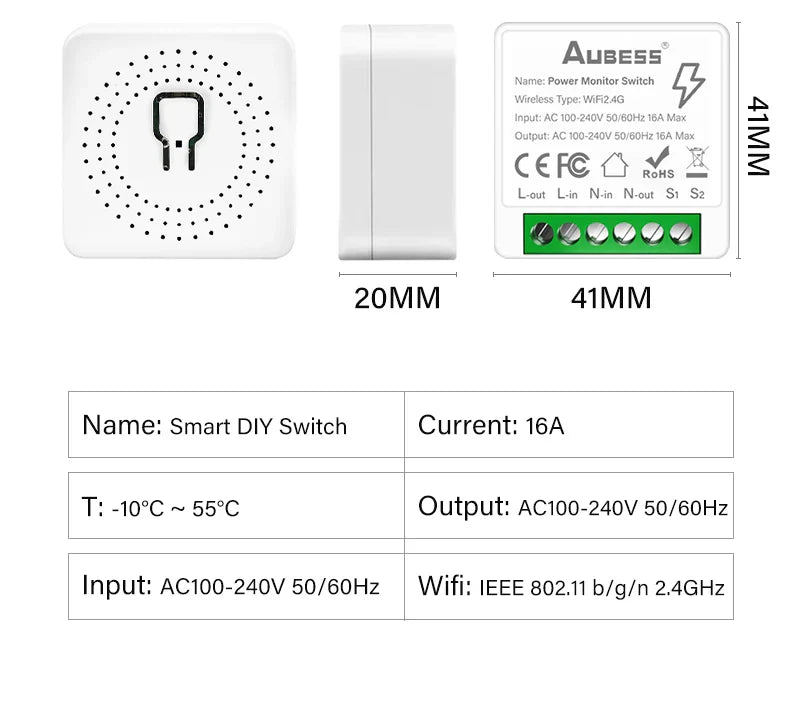 16A Tuya Smart WiFi Switch,2-way Mini Light Switch Power Metering Breaker